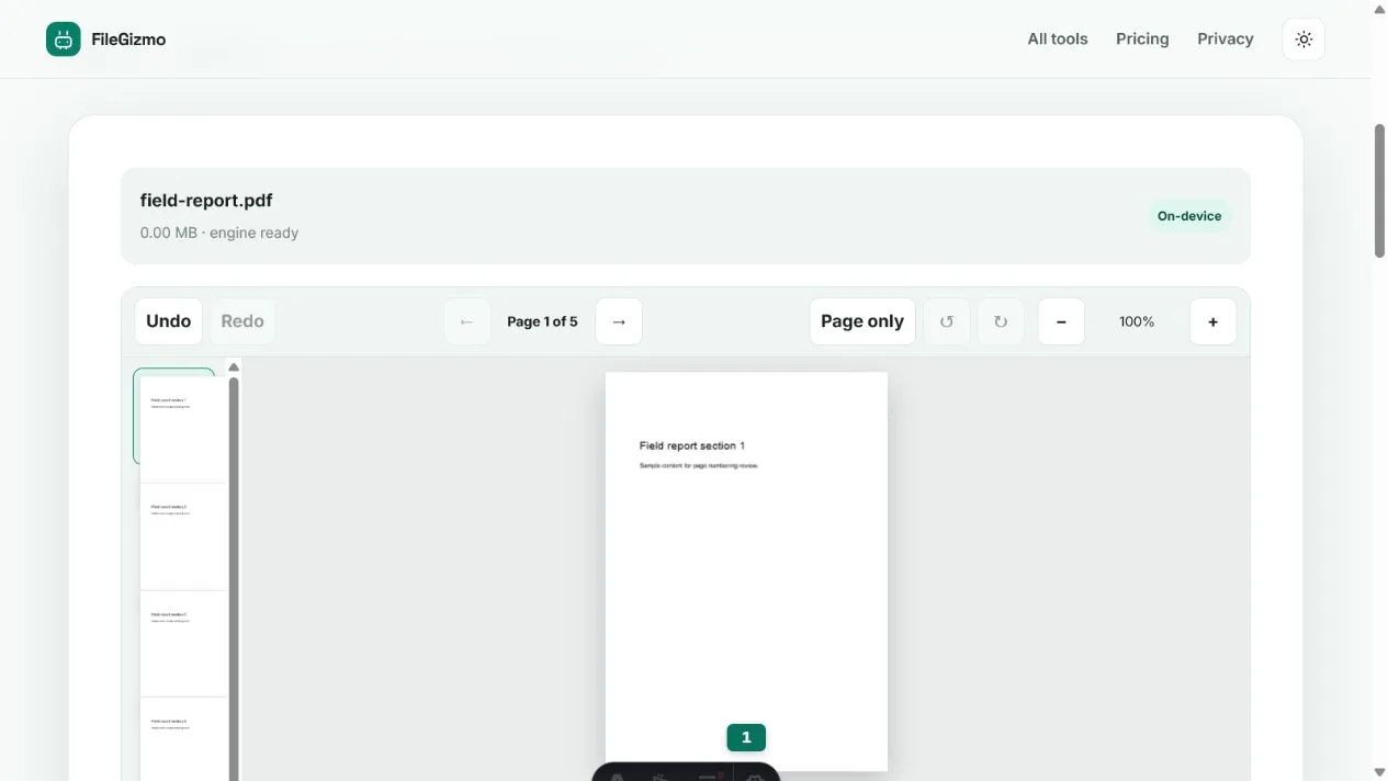 FileGizmo Add Page Numbers to PDF editor showing a five-page document in light and dark themes
