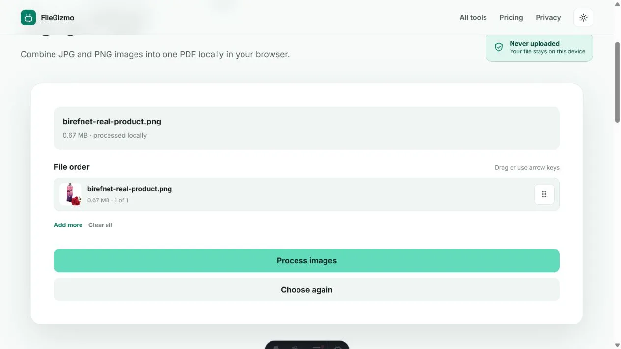 FileGizmo Images to PDF workflow for combining PDF and image files shown in light and dark themes
