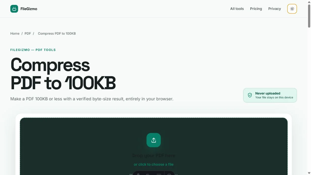 FileGizmo Compress PDF to 100KB tool shown in the light theme with its local file picker