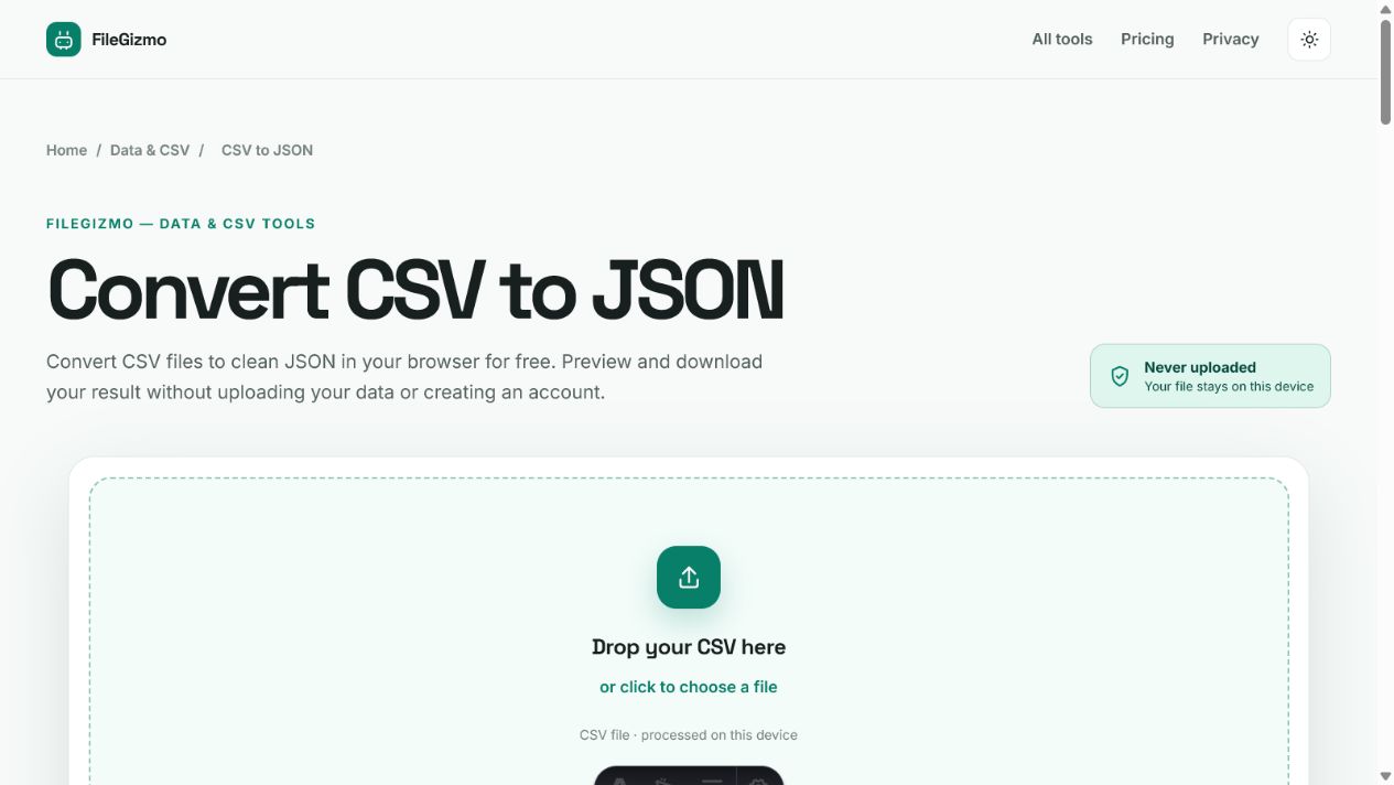 FileGizmo CSV to JSON converter in light and dark themes for a CSV vs JSON vs Excel guide