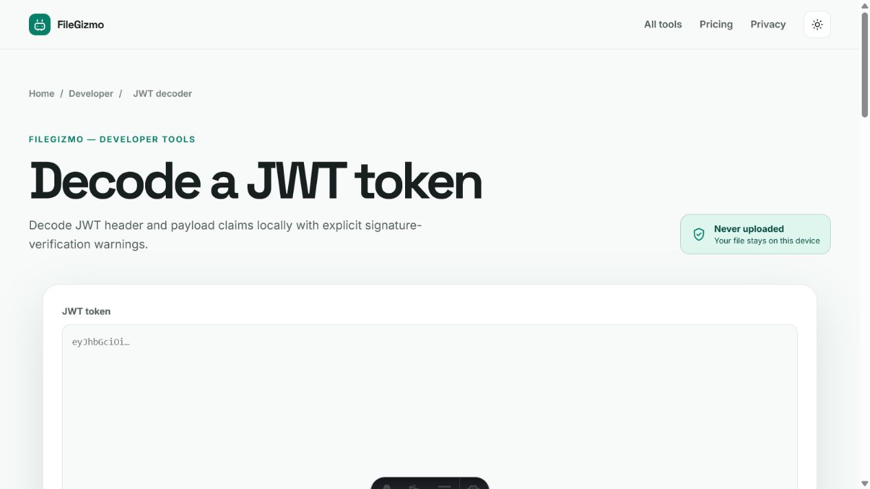 FileGizmo local JWT decoder in light and dark themes with an explicit verification warning