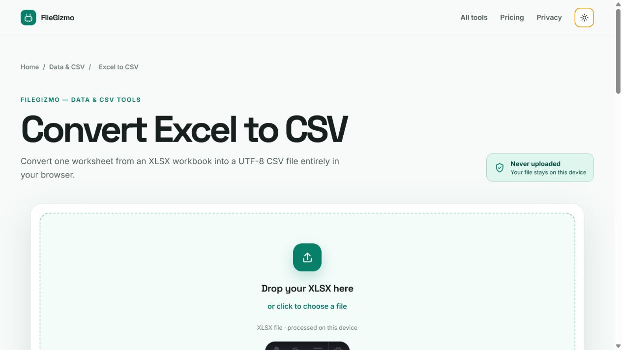 FileGizmo Excel to CSV converter in light and dark themes for safe XLSX export