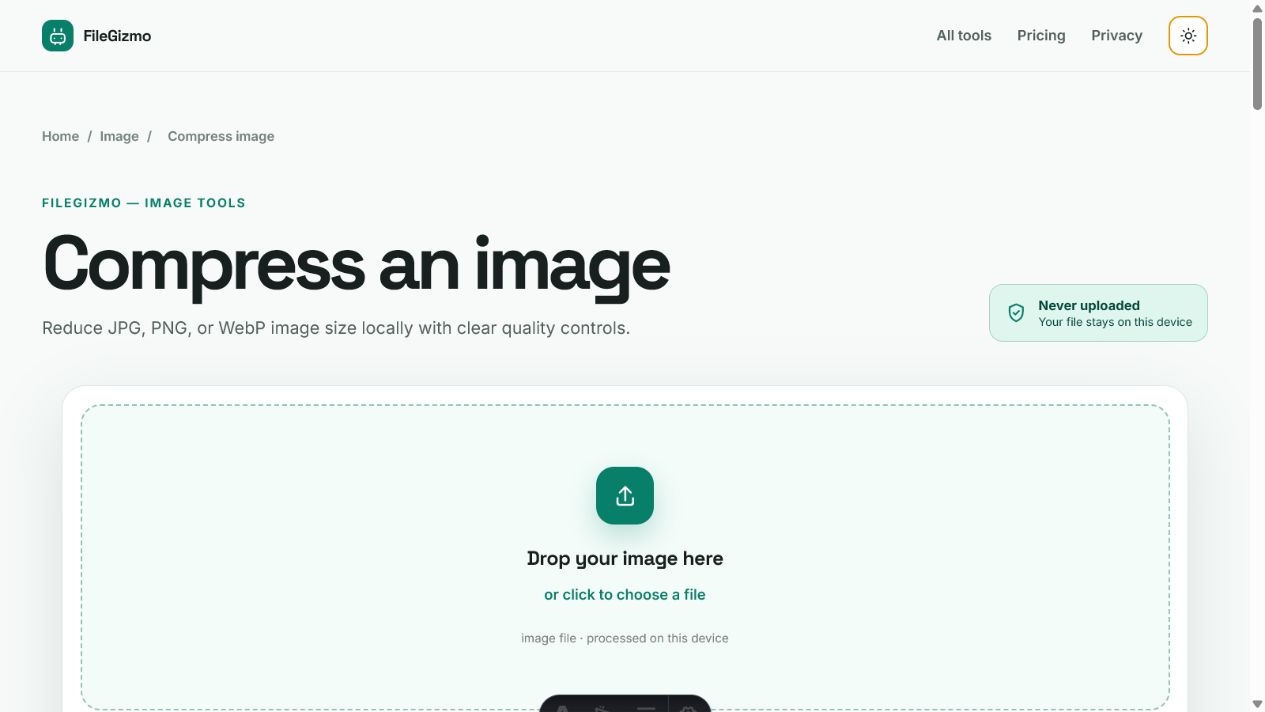 FileGizmo image compressor for reducing a photo below 100KB in light and dark themes