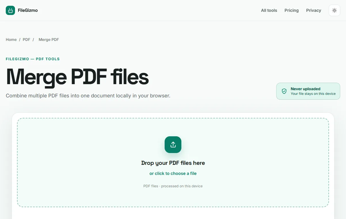 FileGizmo Merge PDF tool in the light theme showing local file selection and privacy copy