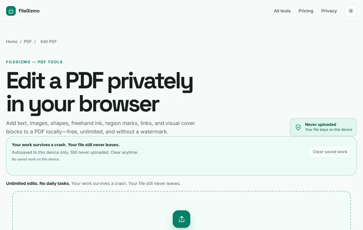 FileGizmo TinyWow alternative PDF editor without ads or CAPTCHA in the light theme