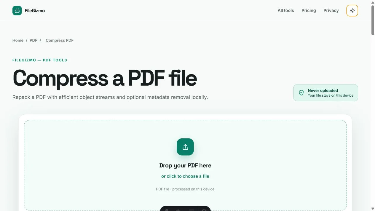 FileGizmo local PDF compressor shown in light and dark themes