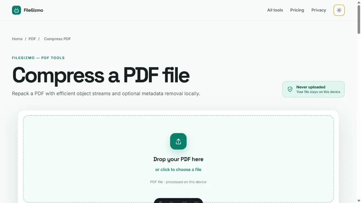 FileGizmo lossless Compress PDF tool in light and dark themes