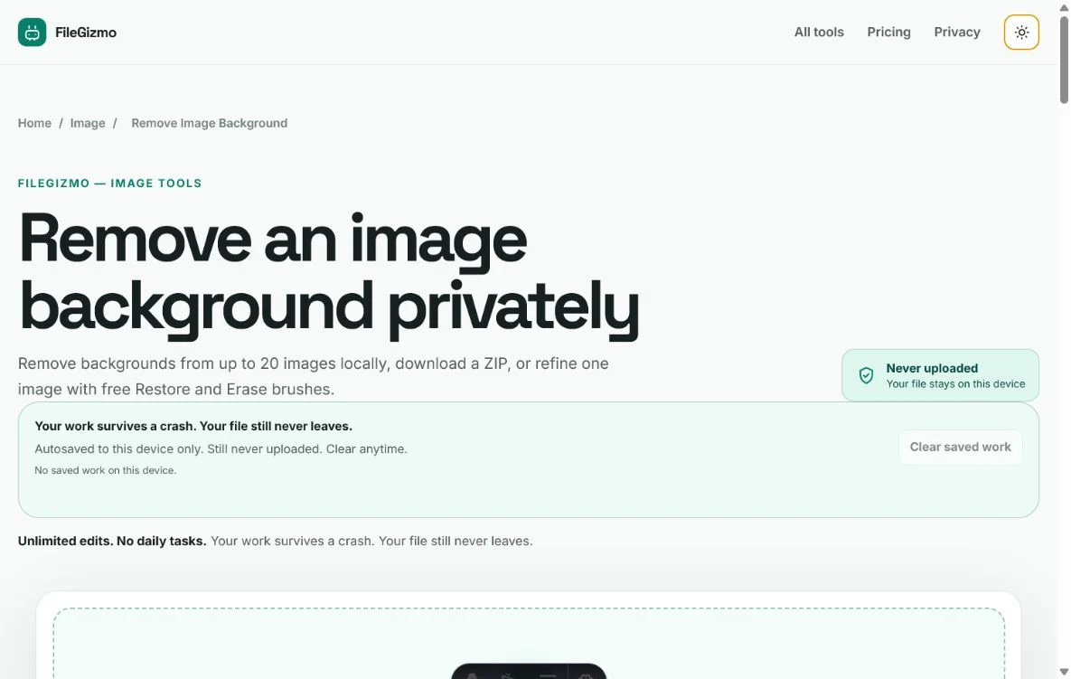 FileGizmo background remover shown in the light theme with the refine brush panel open