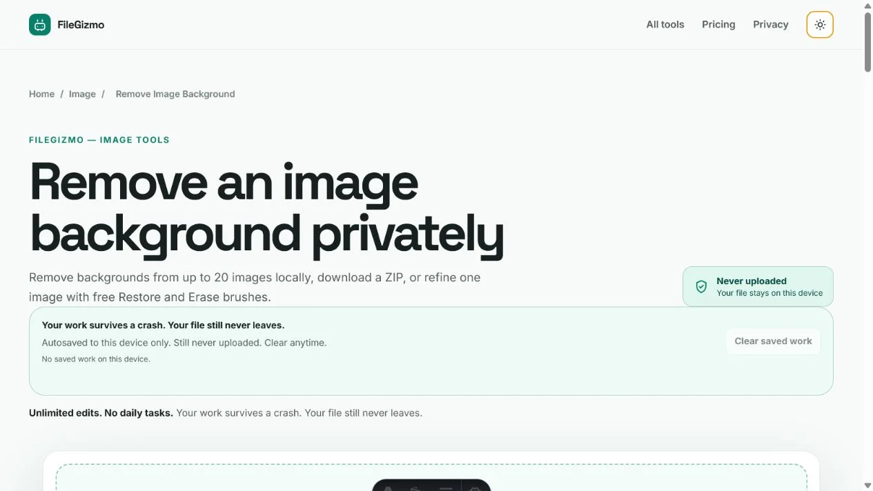FileGizmo private image background remover in light and dark themes