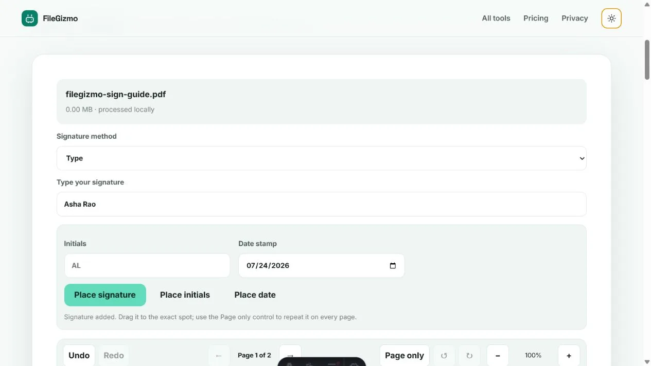 FileGizmo Sign PDF tool with a sample document and typed signature shown in light and dark themes
