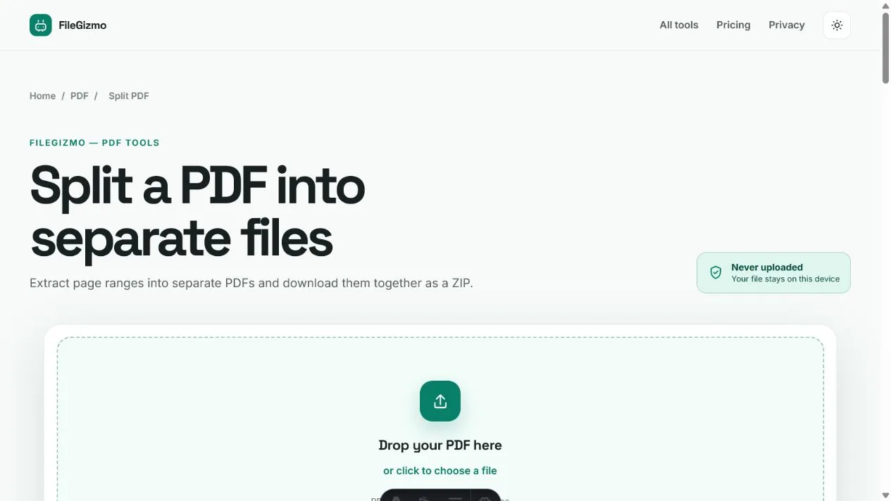FileGizmo Split PDF into separate files tool in light and dark themes